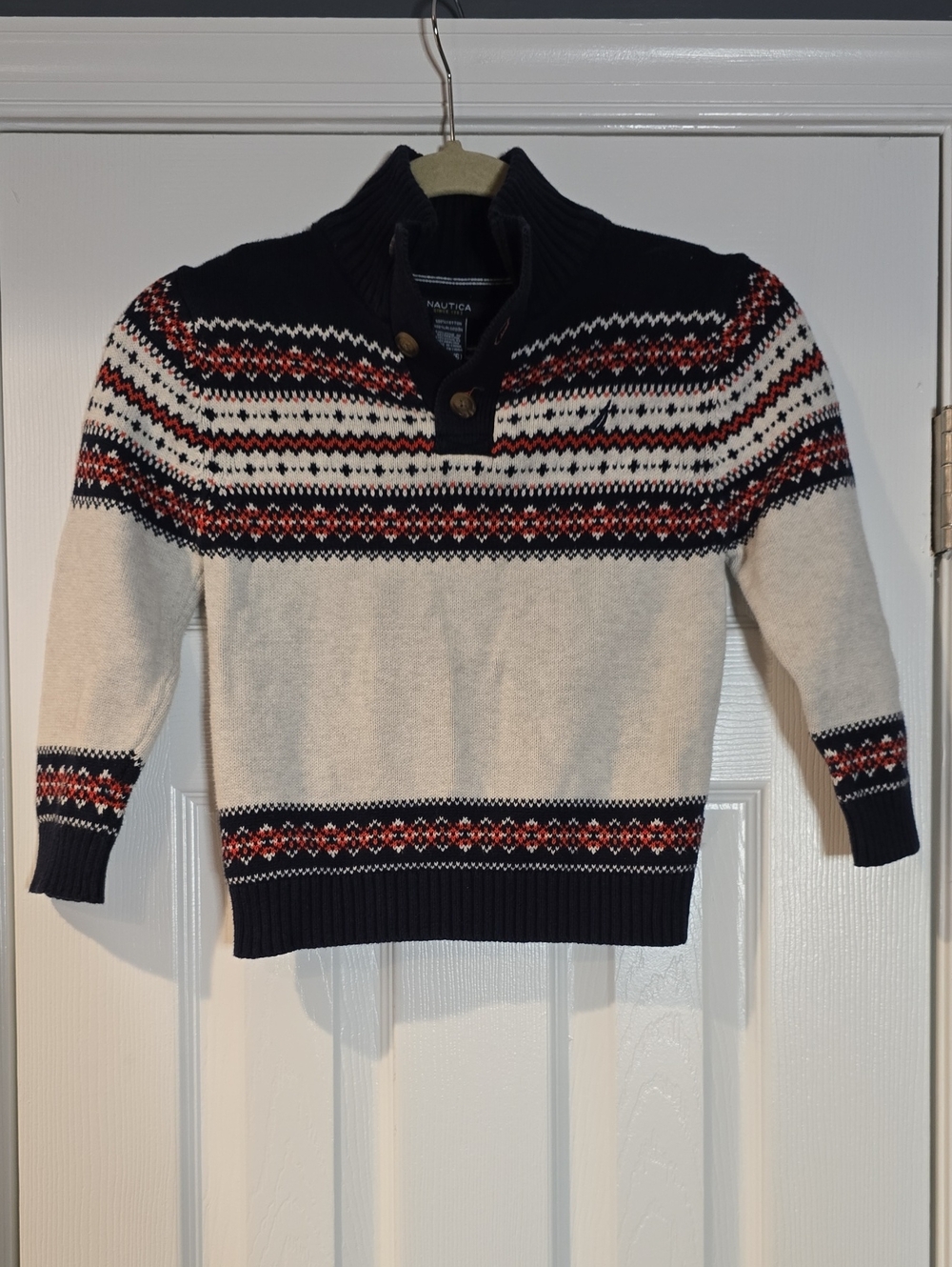 Nautica Navy, Cream & Red Fair Isle Mock-Neck Sweater